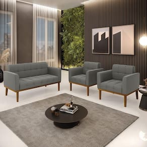 Conjunto 2 Poltronas E 1 Namoradeira Decorativa Pés Fixo Em Madeira Castanho Suede Grafite