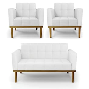 Conjunto 2 Poltronas E 1 Namoradeira Decorativa Pés Fixo Em Madeira Castanho Pu Branco