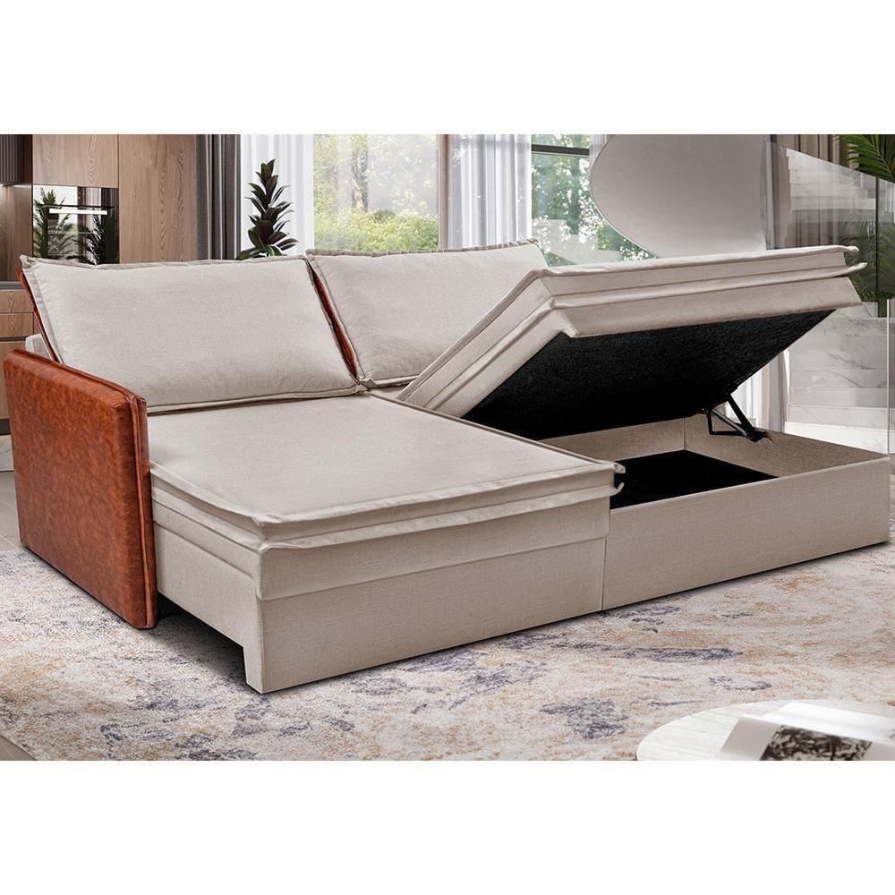 Sofá Sem Caixa Retrátil Baú 1,75m Cama Inbox Grace Tecido Linho E Courino Bege Claro