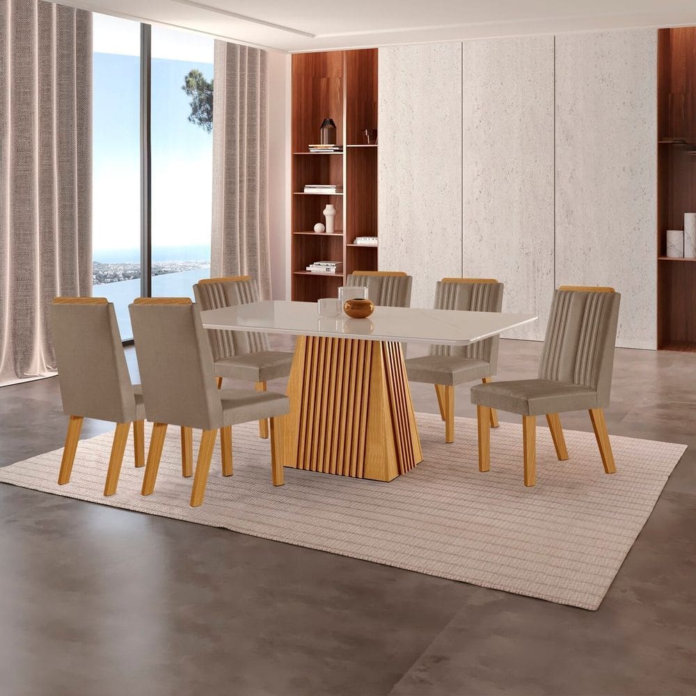 Conjunto de Jantar Mesa Áustria 160cm X 80cm Tampo Mdf/vidro com 6 Cadeiras Florença Yescasa Castanho Cinamomo / Capuccino / Off White
