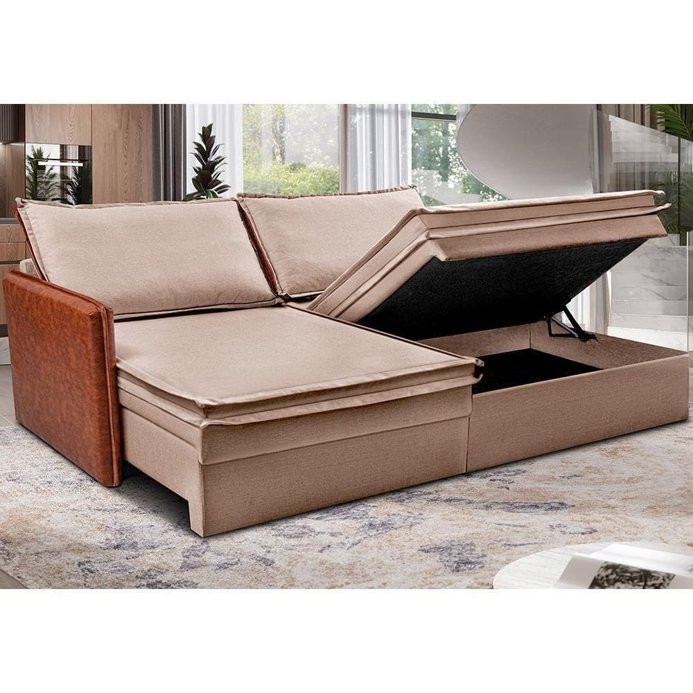 Sofá Sem Caixa Retrátil Baú 1,55m Cama Inbox Grace Tecido Linho E Courino Bege Escuro