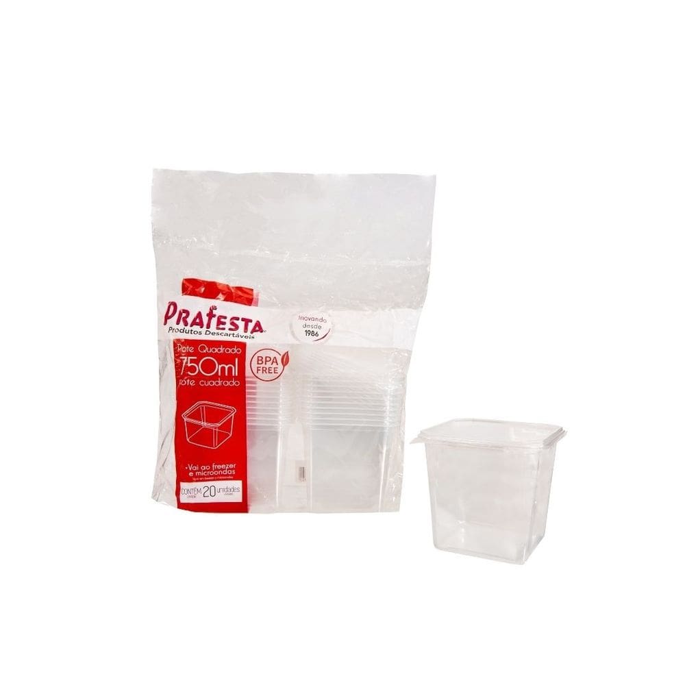 Kit C/5 Pct Pote Quadrado 750Ml. C/ Tampa C/20 Un.(Prafesta)