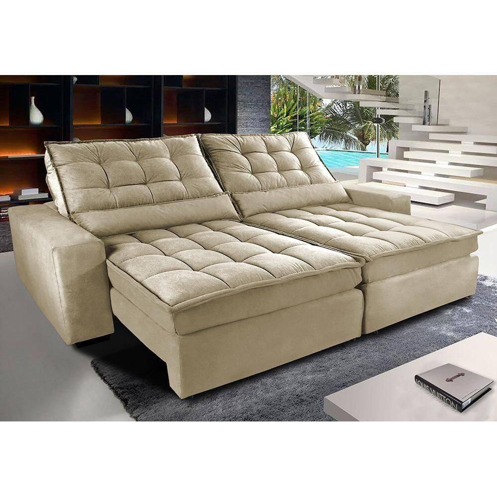 Sofá Retrátil E Reclinável Com Molas Ensacadas Cama Inbox Gold 2,12m Tecido Suede Velusoft Bege