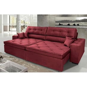 Sofá Austin 2,82m Retrátil, Reclinável Com Molas No Assento E Almofadas, Tecido Suede Vinho
