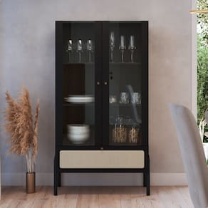 Cristaleira 2 Portas Vidro 1 Gaveta 83cm Palhinha Pé Madeira Nero/Preto