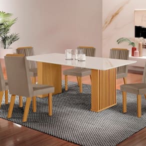 Conjunto Sala de Jantar Mesa Imperatriz 1,80x0,90 com 06 Cadeiras Florença Yescasa Castanho/Capuccino/Off White