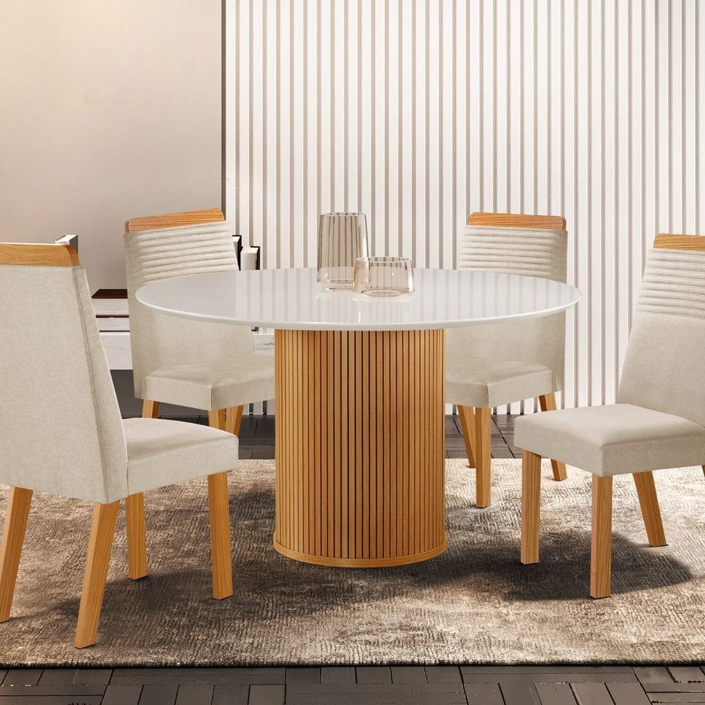 Conjunto de Jantar Mesa Dara 1,10 X 1,10 Tampo Mdf/vidro com 4 Cadeiras Catar Castanho Cinamomo/Creme/Off White