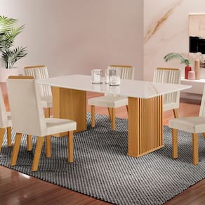Conjunto Sala de Jantar Mesa Imperatriz 1,80x0,90 com 06 Cadeiras Florença Yescasa Castanho/Creme/Off White