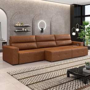 Sofá Retrátil 5 Lugares 344cm 3 Módulos Nero Com Usb Couro Manchado Claro G52 - Gran Belo