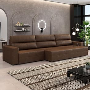 Sofá Retrátil 5 Lugares 314cm 3 Módulos Nero Com Usb Couro Manchado G52 - Gran Belo