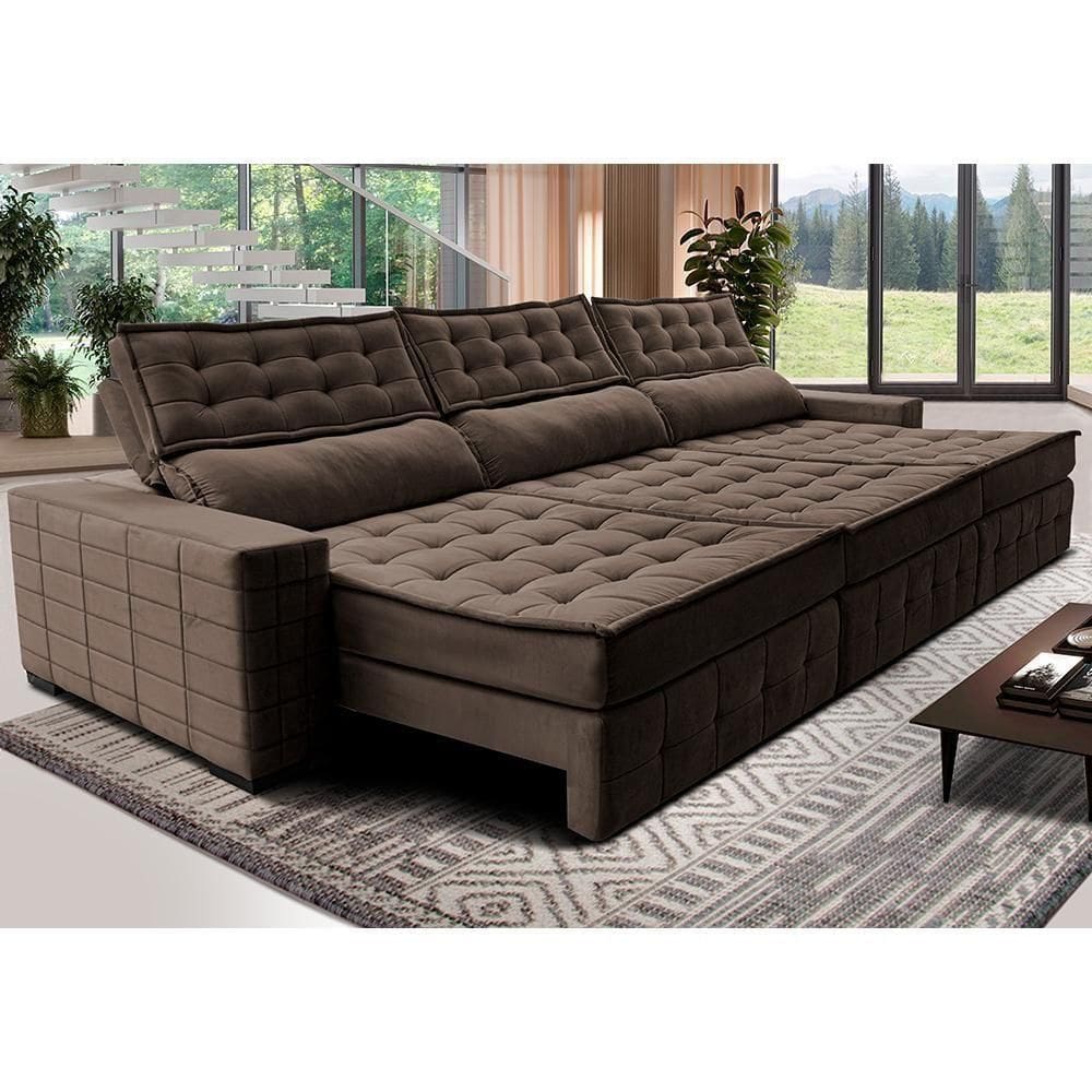 Sofá Retrátil E Reclinável 3,55M Cama Inbox Big Puffer Com SoftgelD40 Velupluma Café