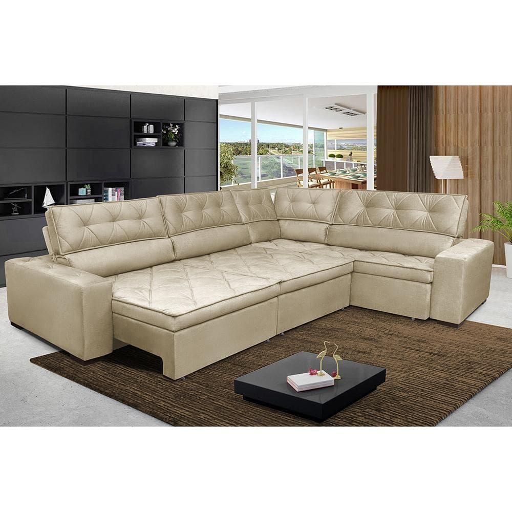 Sofa De Canto Retrátil E Reclinável Com Molas Cama Inbox Austin 3,85x2,64 Ou 2,64x3,85 Velusoft Bege