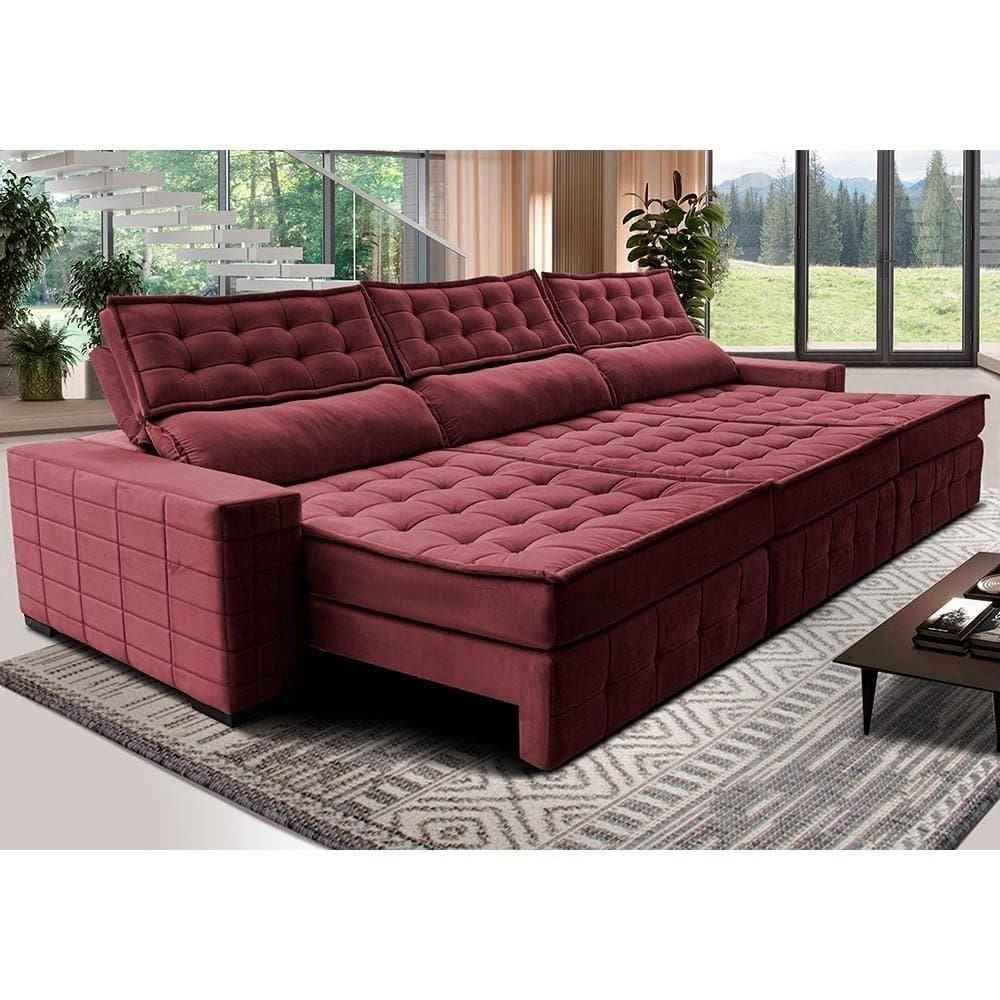 Sofá Retrátil E Reclinável 3,85M Cama Inbox Big Puffer Com Softgel D40 Velupluma Vinho