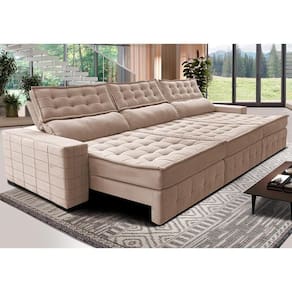 Sofá Retrátil E Reclinável 3,85M Cama Inbox Big Puffer Com SoftgelD40 Velupluma Bege
