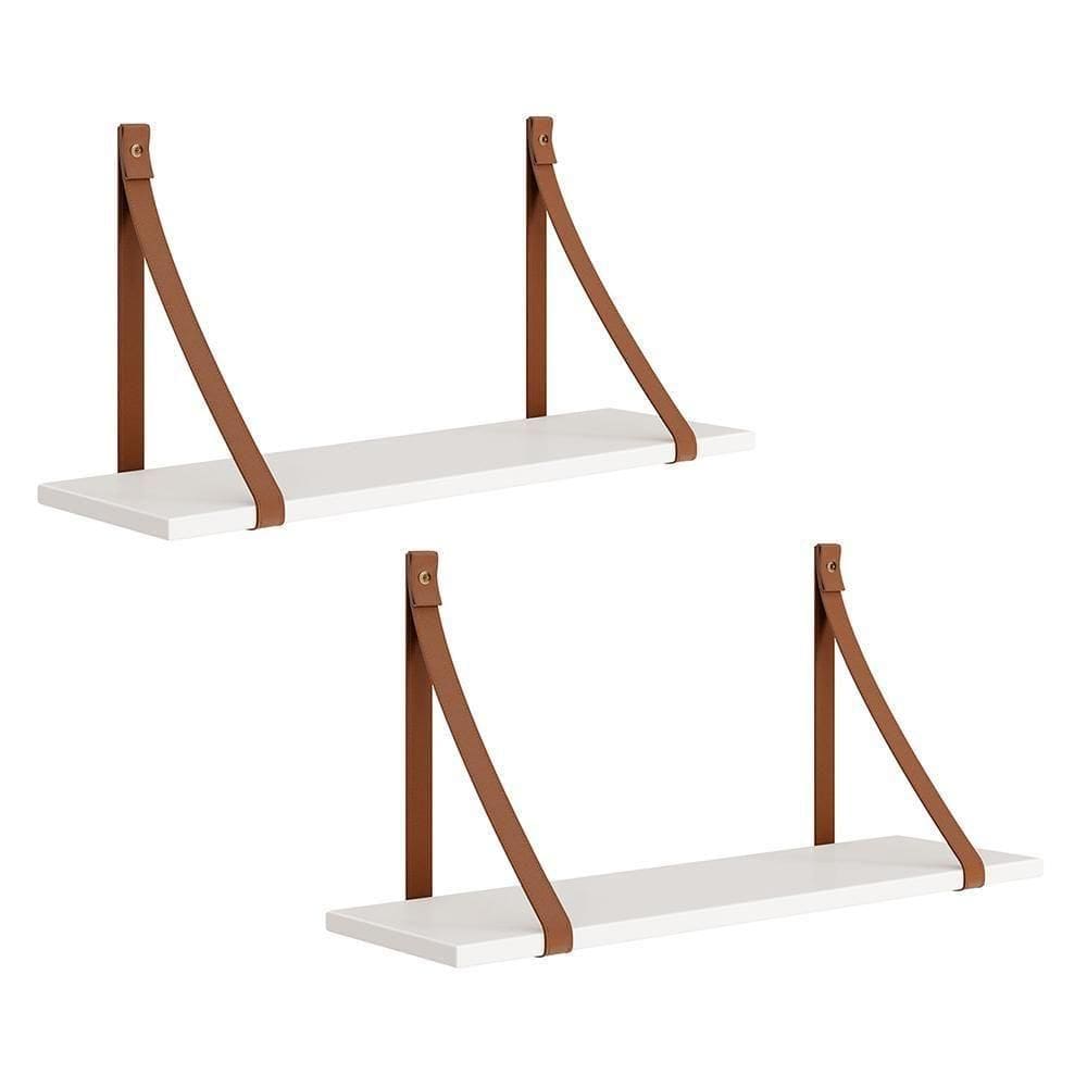 Kit 2 Prateleiras Luna 66,6cm Branco Fosco Com Alças De Couro - Reller Móveis Branco Fosco