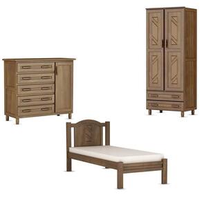 Conjunto Quarto Solteiro: Guarda-Roupa Multiuso 2 Portas, Cômoda Sapateira, Cama Madeira Pinus Imbuia - Cavazotto