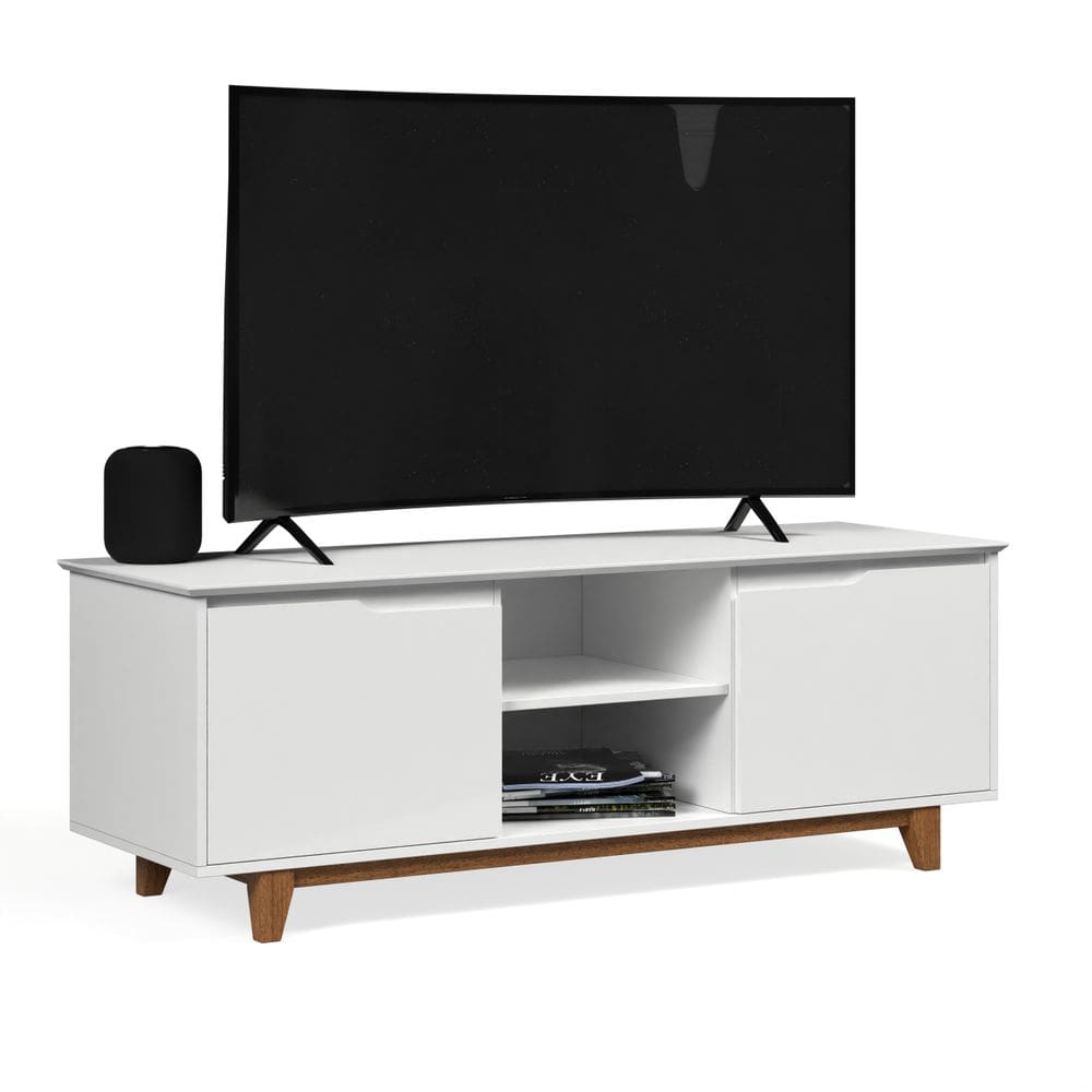 Rack Bancada Flow para Tv 146 cm 2 Portas com Pés de Madeira Branco - Rede Móveis