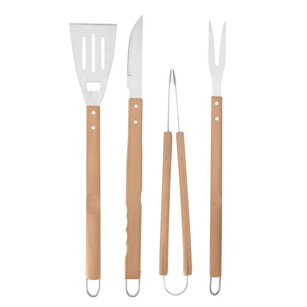 Kit Para Churrasco Inox Cabo De Madeira Grande 4 Pçs