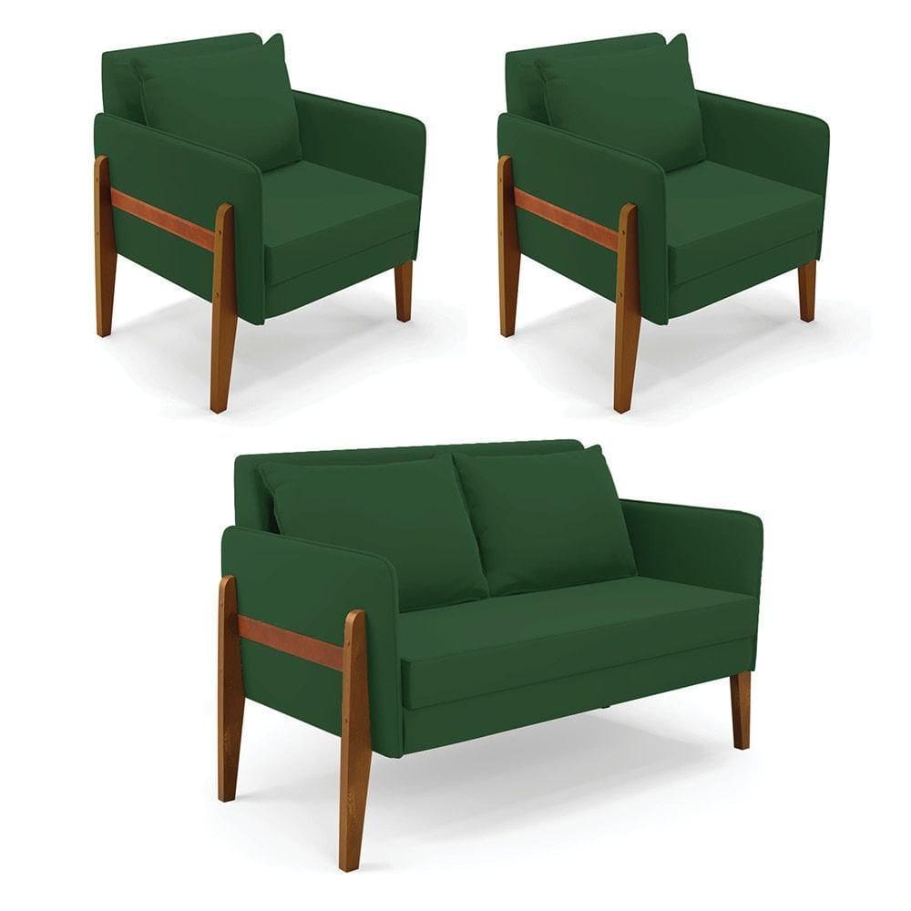 Kit 1 Sofá Namoradeira E 2 Poltronas Lana Veludo Verde Base De Madeira - D`rossi