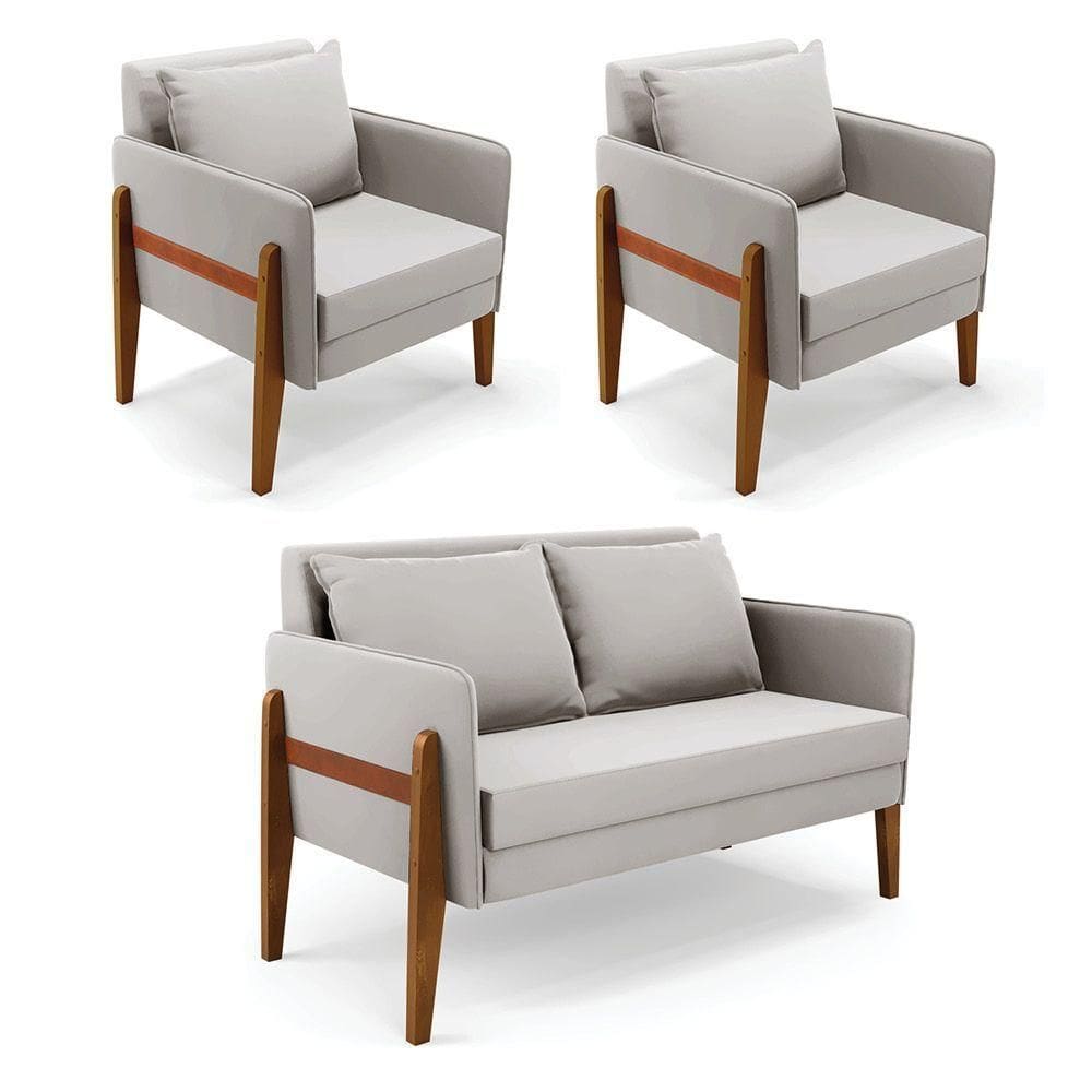 Kit 1 Sofá Namoradeira E 2 Poltronas Lana Veludo Cinza Base De Madeira - D`rossi