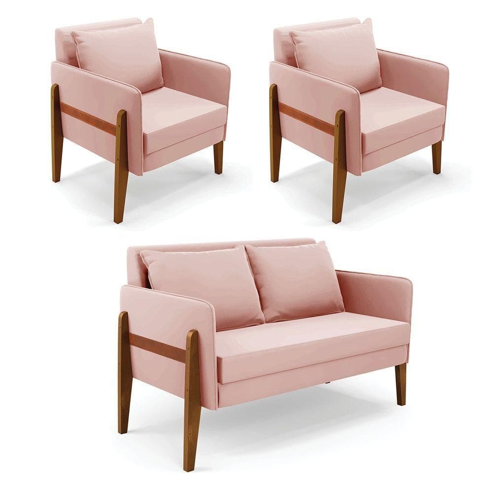 Kit 1 Sofá Namoradeira E 2 Poltronas Lana Veludo Rosê Base De Madeira - D`rossi