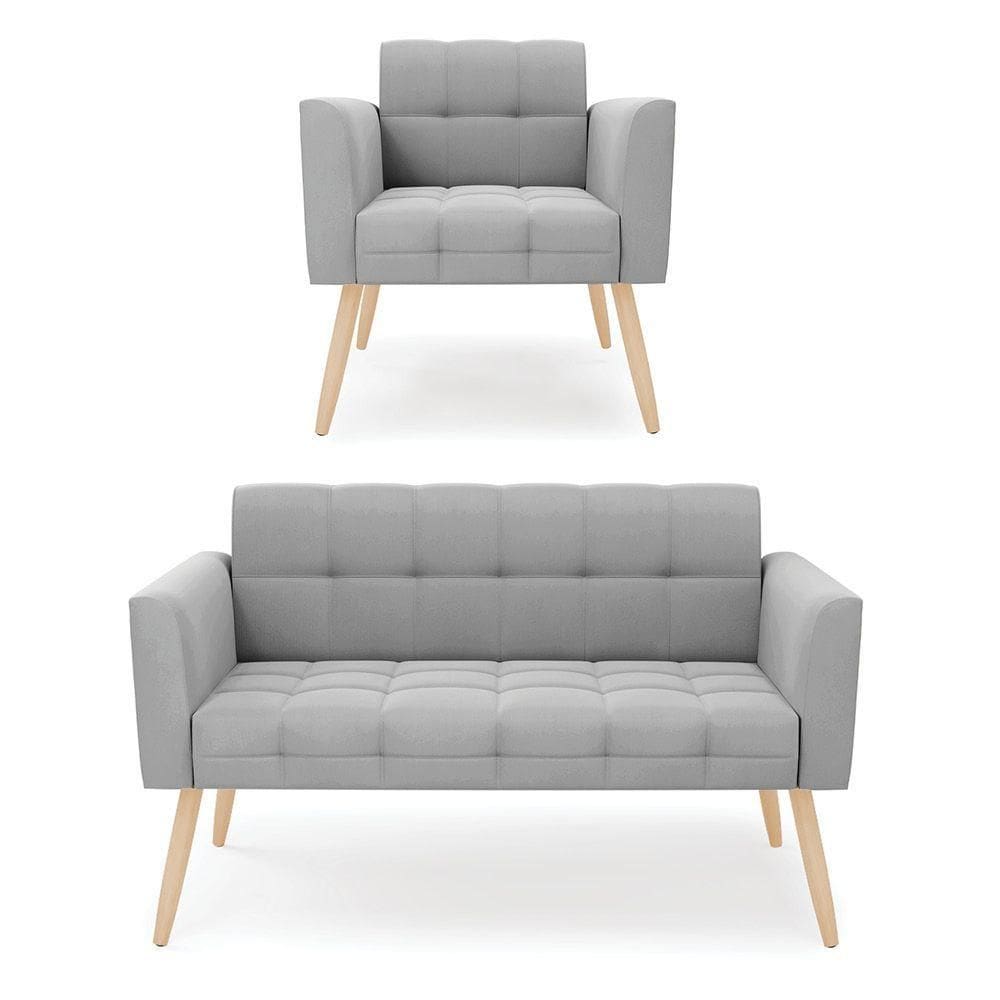 Kit 1 Sofá Namoradeira E 1 Poltrona Elisa Suede Cinza Pés Palito Natural - D`rossi