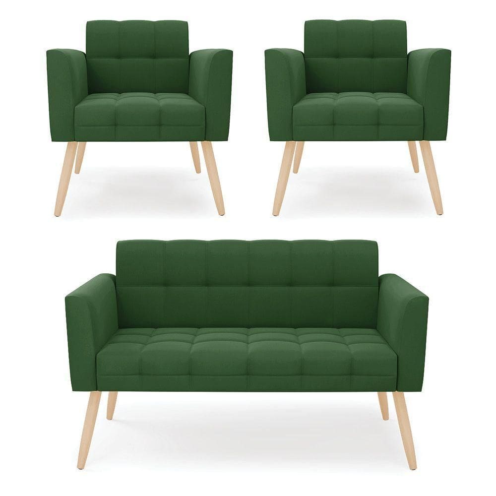 Kit 1 Sofá Namoradeira E 2 Poltronas Elisa Suede Pés Palito Natural - D`rossi Cor Verde