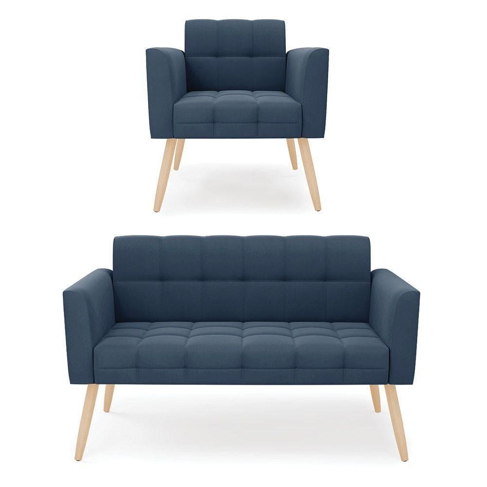 Kit 1 Sofá Namoradeira E 1 Poltrona Elisa Suede Pés Palito Natural - D`rossi Cor Azul Marinho