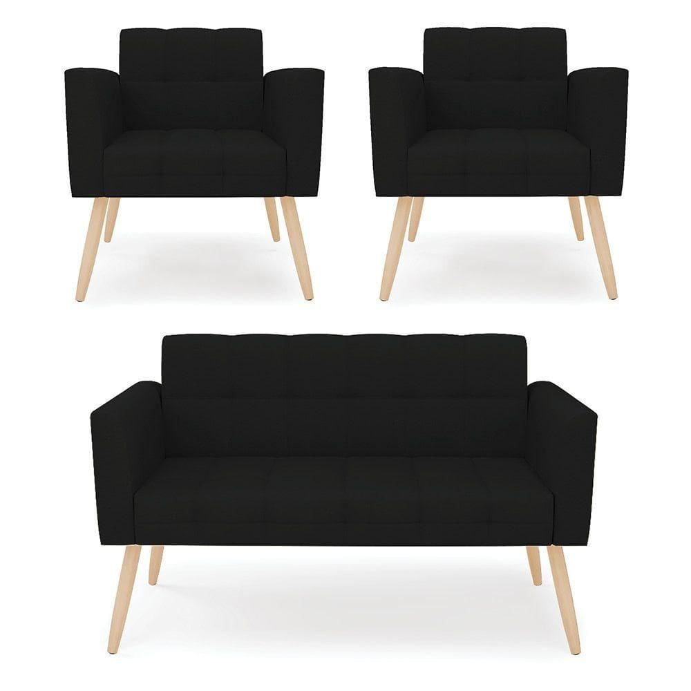 Kit 1 Sofá Namoradeira E 2 Poltronas Elisa Linho Pés Palito Natural - D`rossi Cor A79 Preto