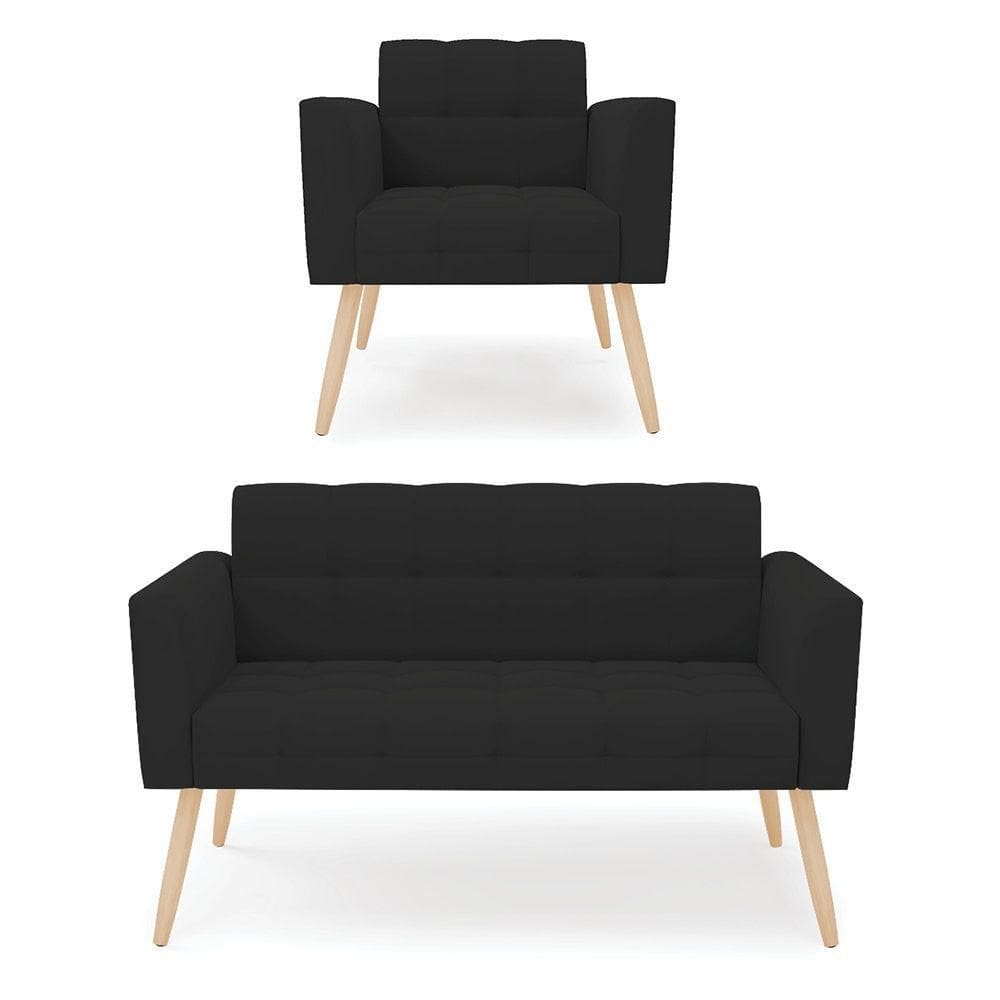 Kit 1 Sofá Namoradeira E 1 Poltrona Elisa Veludo Pés Palito Natural - D`rossi Cor Preto
