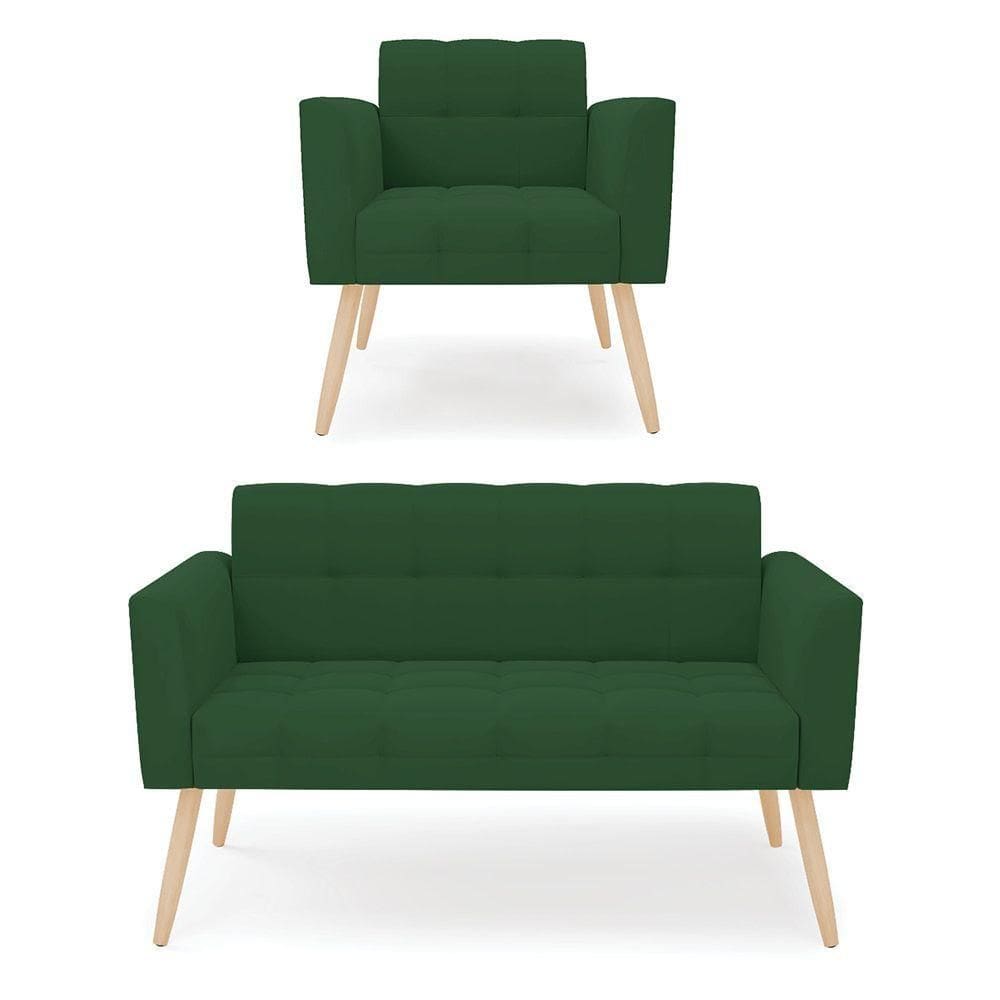 Kit 1 Sofá Namoradeira E 1 Poltrona Elisa Veludo Verde Pés Palito Natural - D`rossi