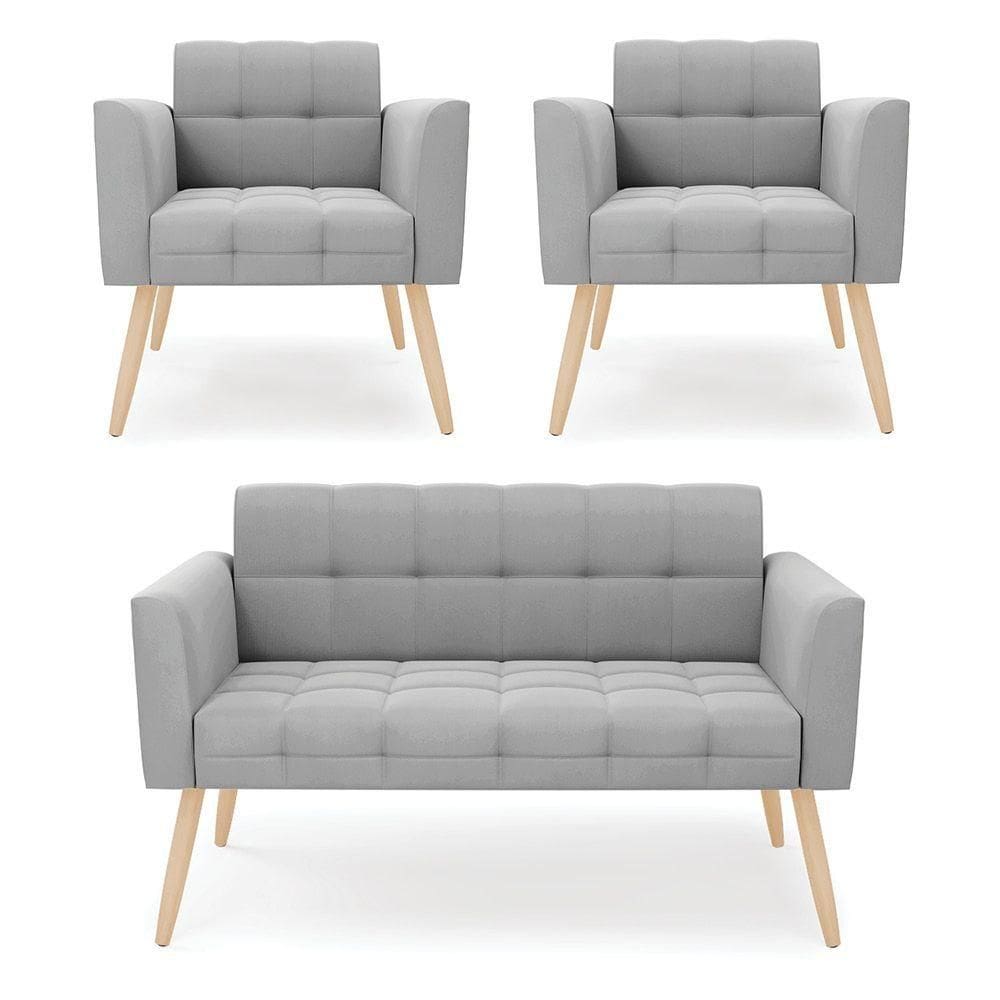 Kit 1 Sofá Namoradeira E 2 Poltronas Elisa Suede Pés Palito Natural - D`rossi Cor Cinza