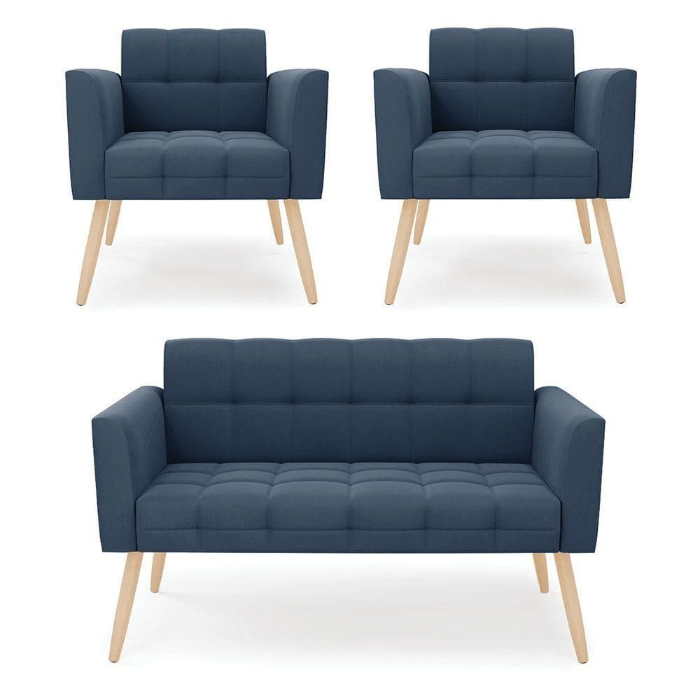 Kit 1 Sofá Namoradeira E 2 Poltronas Elisa Suede Pés Palito Natural - D`rossi Cor Azul Marinho
