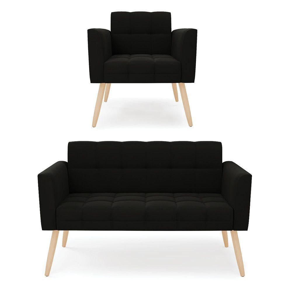 Kit 1 Sofá Namoradeira E 1 Poltrona Elisa Suede Pés Palito Natural - D`rossi Cor Preto