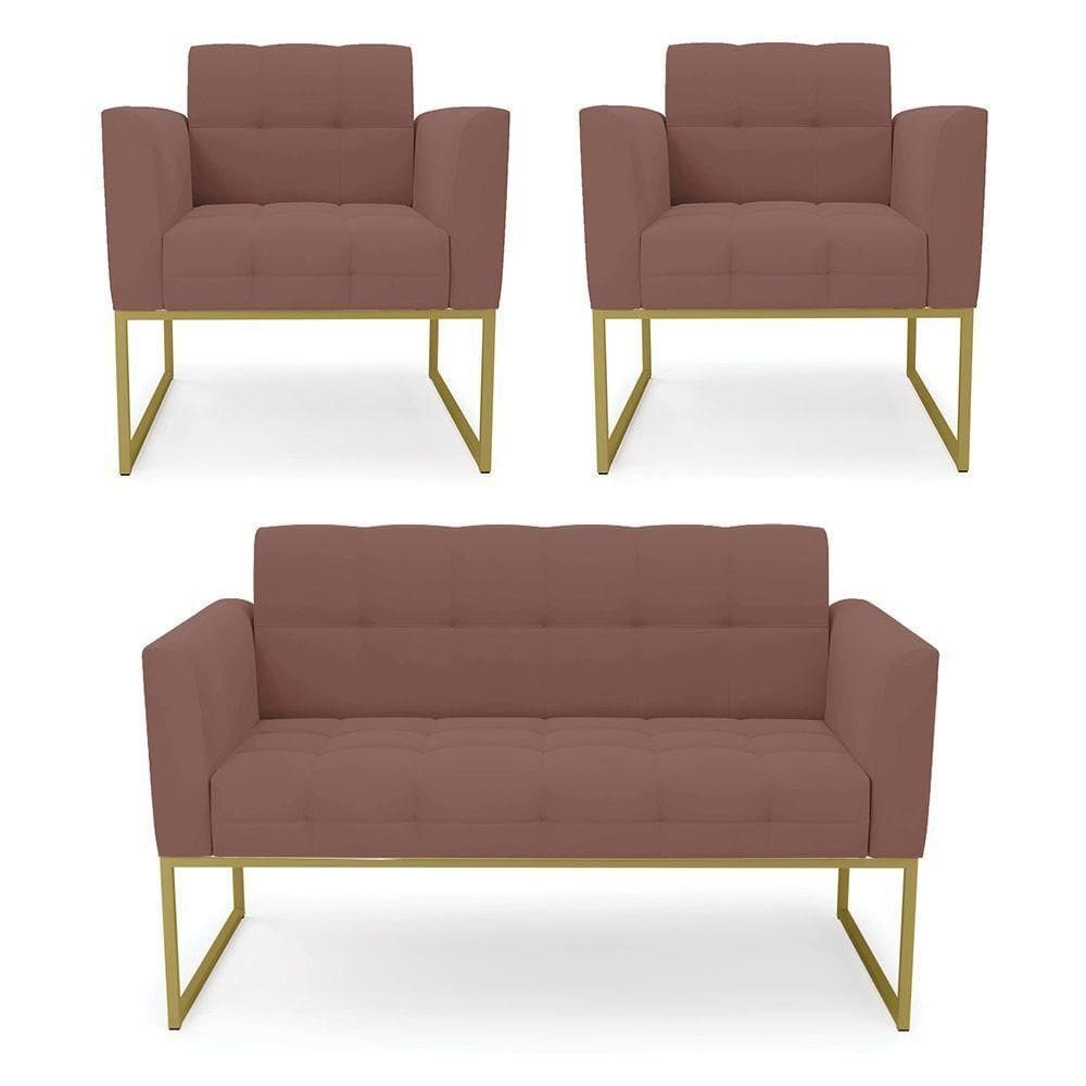 Kit 1 Sofá Namoradeira E 2 Poltronas Elisa Veludo Base Metálica Industrial Dourado - D`rossi Cor Rose