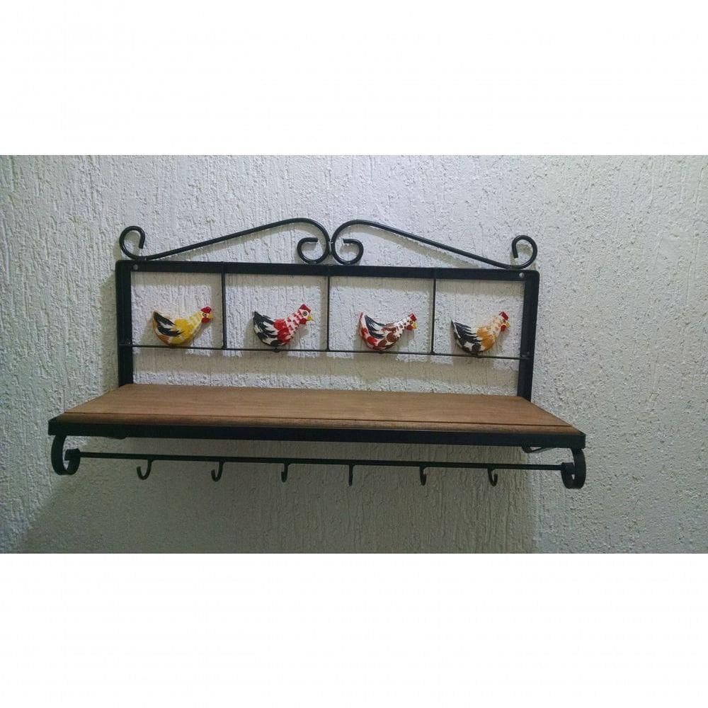 Prateleira Cozinha Ferro Galinhas Madeira 60 Cm Largura