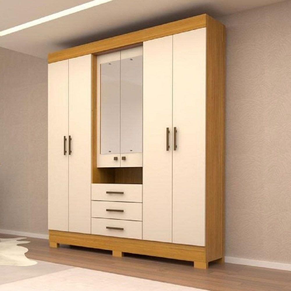 Roupeiro Casal Débora 06 Portas Com Espelho Acp Moveis Nature Com Off White