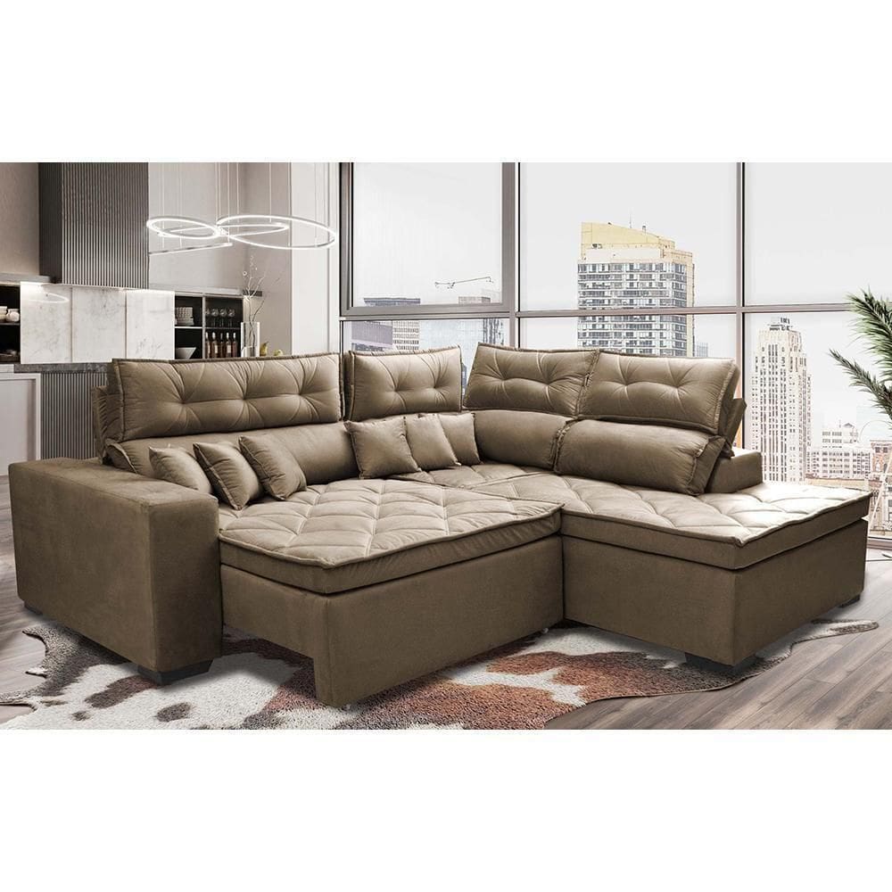 Sofá De Canto 2,60x2,36m Retrátil E Reclinável Com Molas Cama Inbox Platinum Direito Suede Castor