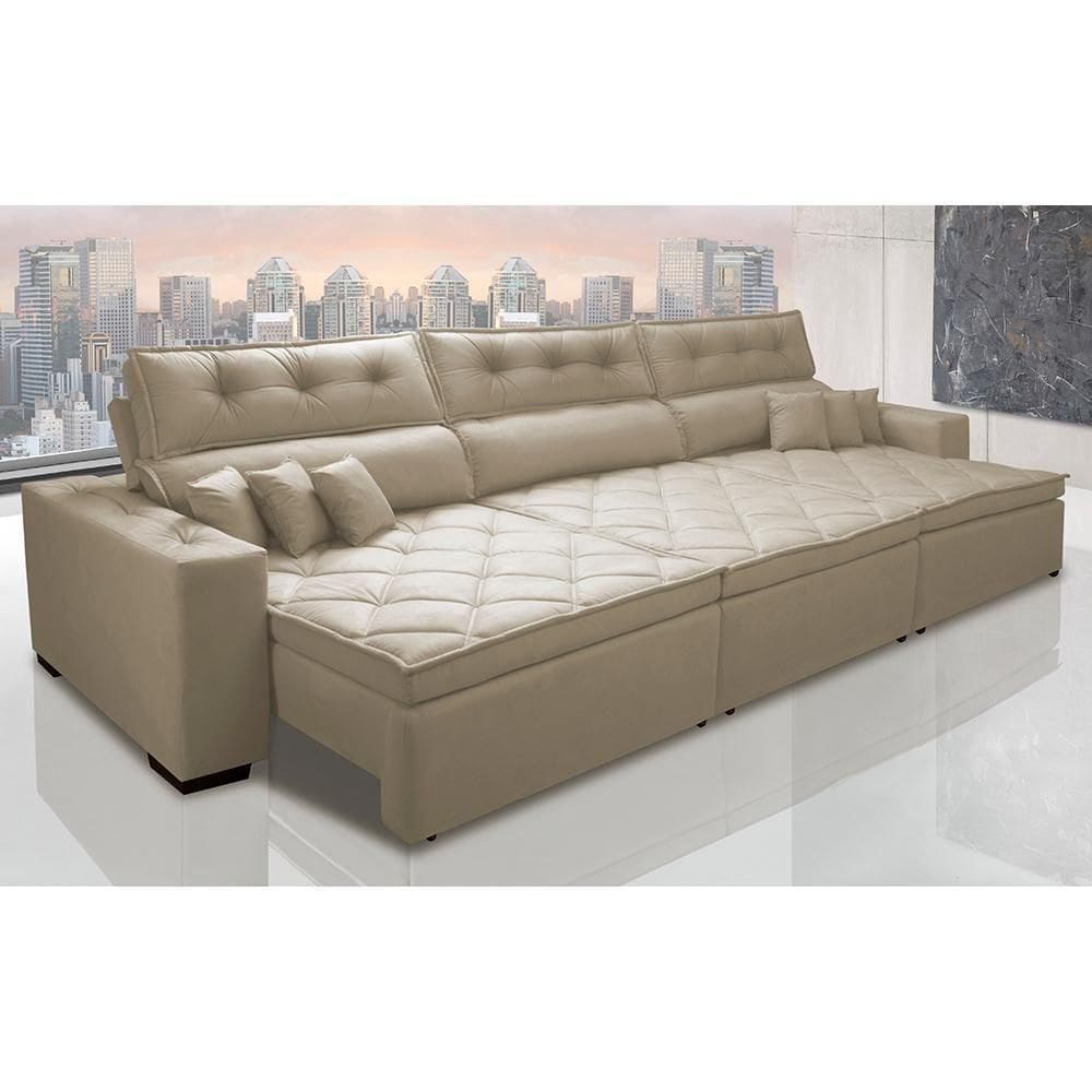 Sofá Retrátil E Reclinável 4,12m Austin Com Molas No Assento Tecido Suede Velusoft Bege