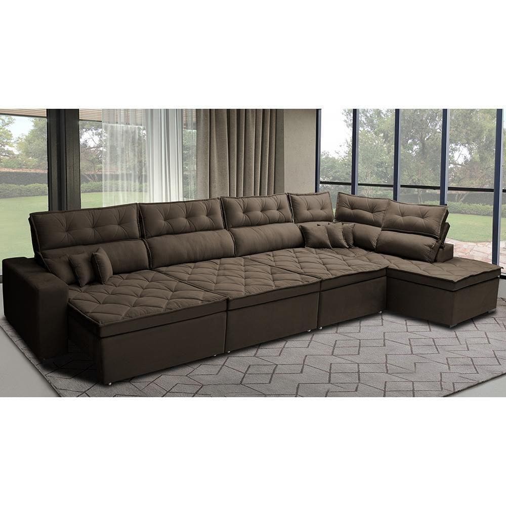 Sofá De Canto 4,80x2,36m Retrátil E Reclinável Com Molas Cama Inbox Platinum Direito Suede Café