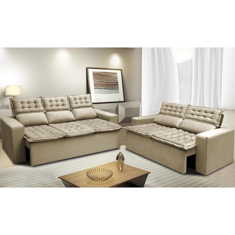 Conjunto De Sofá 3 E 2 Lugares Retrátil E Reclinável Cama Inbox Slim 2,00x1,50m Velusoft Bege