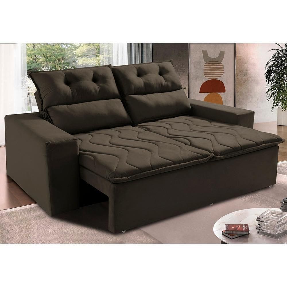 Sofá Retrátil E Reclinável 1,50m Cama Inbox Smal Com Bordado Pantográfico Suede Café