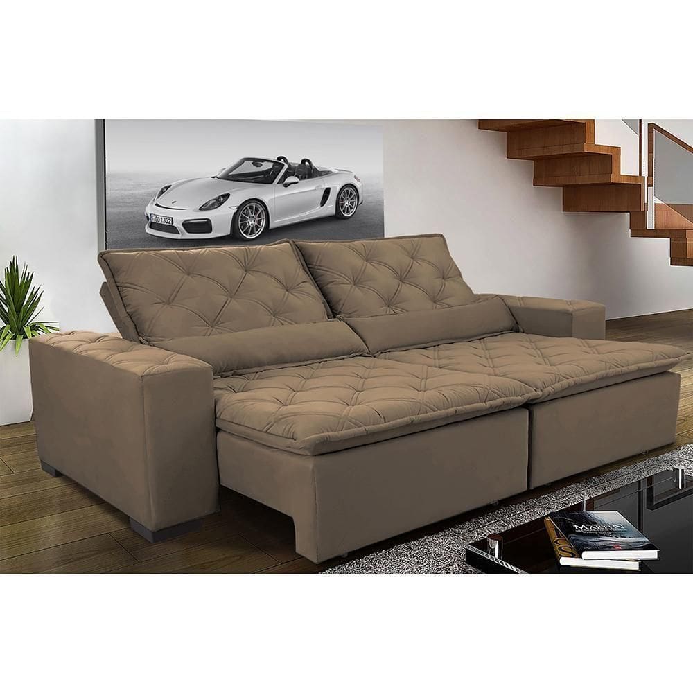 Sofá Magnum 3,02m Retrátil, Reclinável Com Molas E Almofadas Lombar Tecido Suede Velusoft Castor
