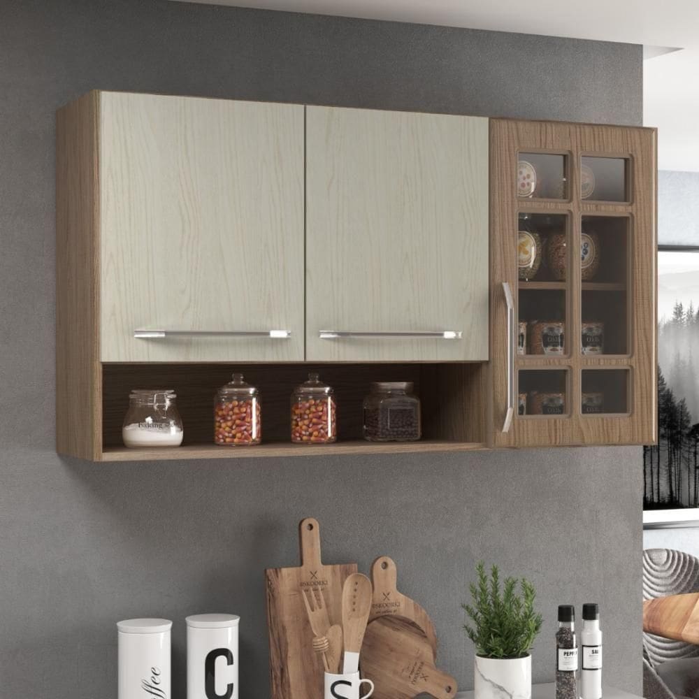 Armário Aéreo Modulado Vidro Paris 3 Portas Nogal/salinas