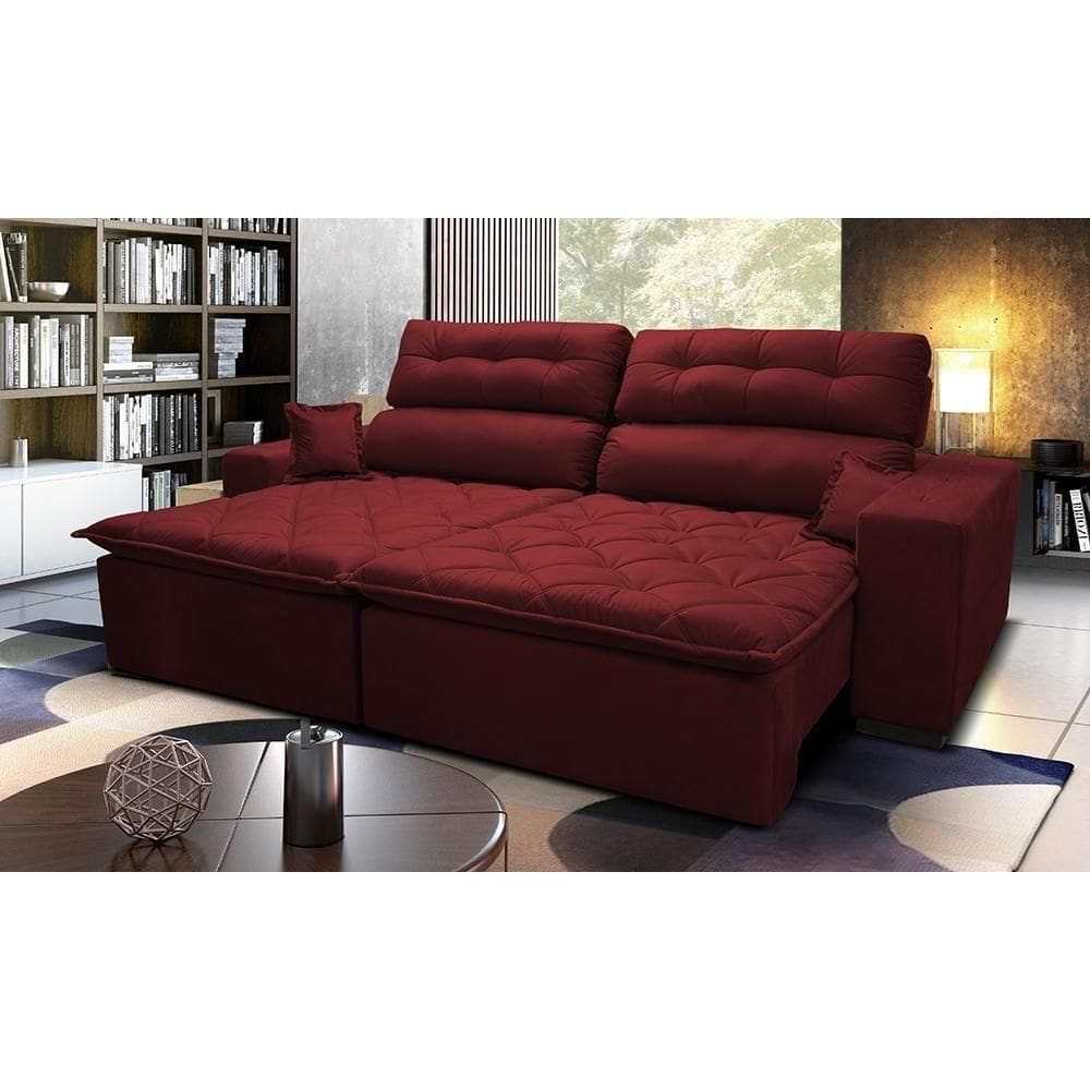 Sofá 2,32m Retrátil E Reclinável Com Molas Cama Inbox Confort Tecido Suede Velusoft Vinho