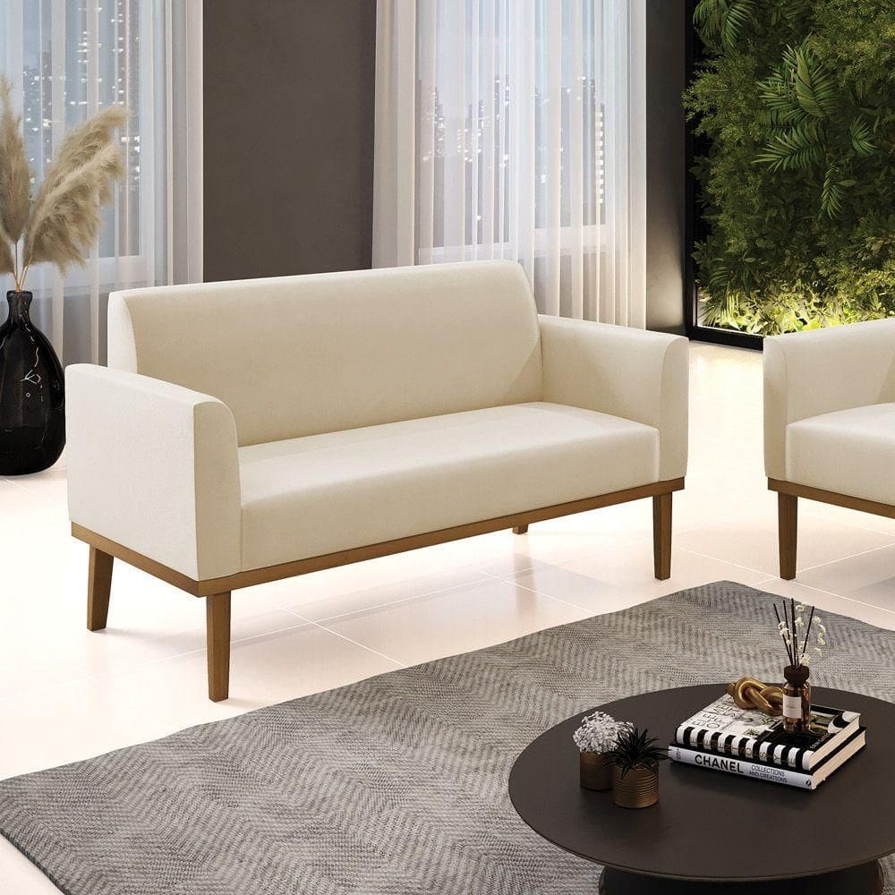 Poltrona Namoradeira Decorativa Pés Fixo Em Madeira Castanho Suede Bege