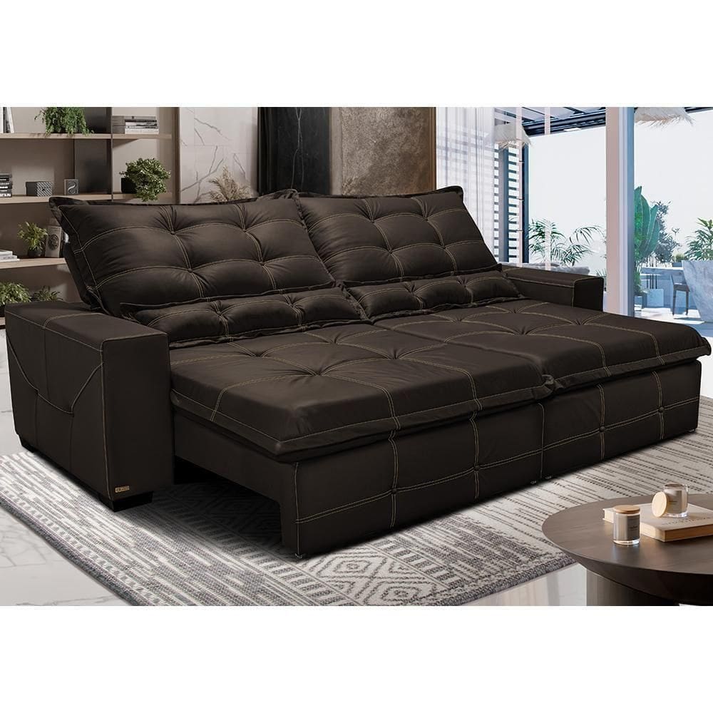 Sofá De Courino Retrátil E Reclinável 3,15m Cama Inbox Bourbon Softgel D40 Café
