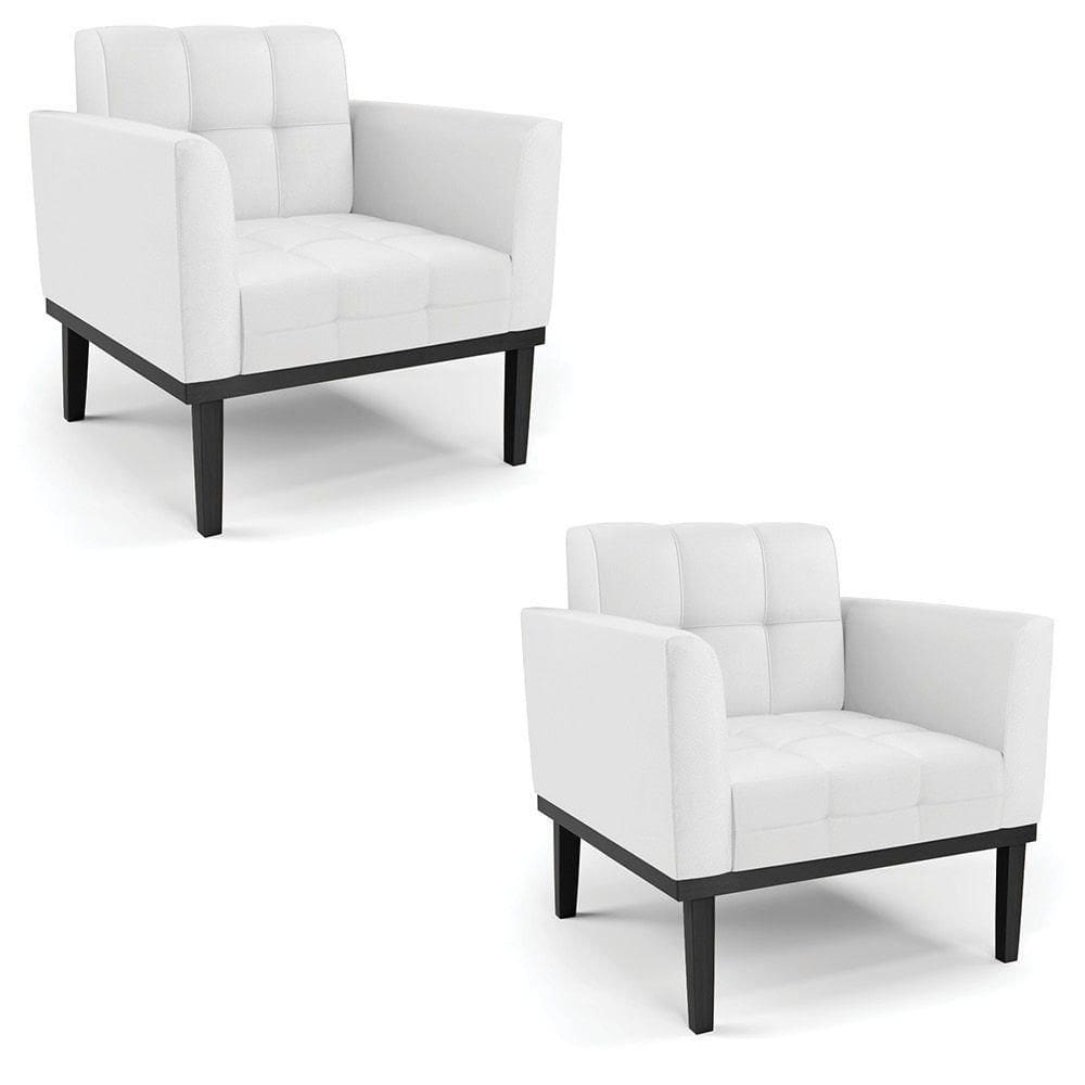 Kit 2 Poltronas Decorativas Pés Fixo Em Madeira Preto Pu Branco