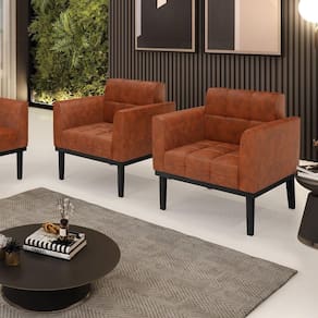 Kit 2 Poltronas Decorativas Pés Fixo Em Madeira Preto Pu Nozes