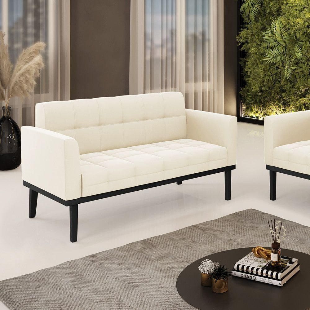 Poltrona Namoradeira Decorativa Pés Fixo Em Madeira Preto Veludo Bege
